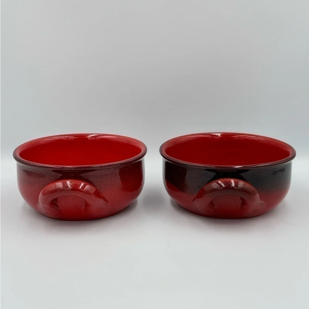 Vintage De Silva Red/Black Ombre' Glazed Ceramic Bowls w/Handles Made in Italy
